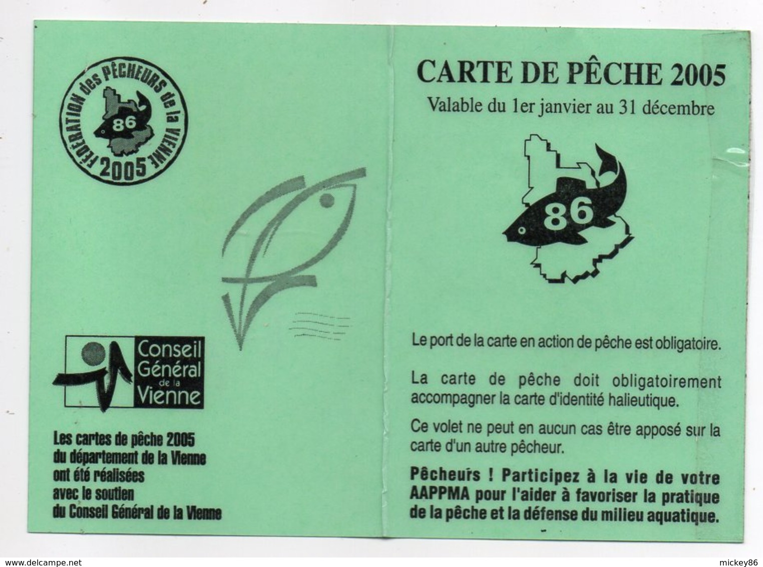 2005--Carte De Pêche Plastifiée Du Département 86 - Vignette Taxe Complète -cachet  COUHE-86 - Other & Unclassified