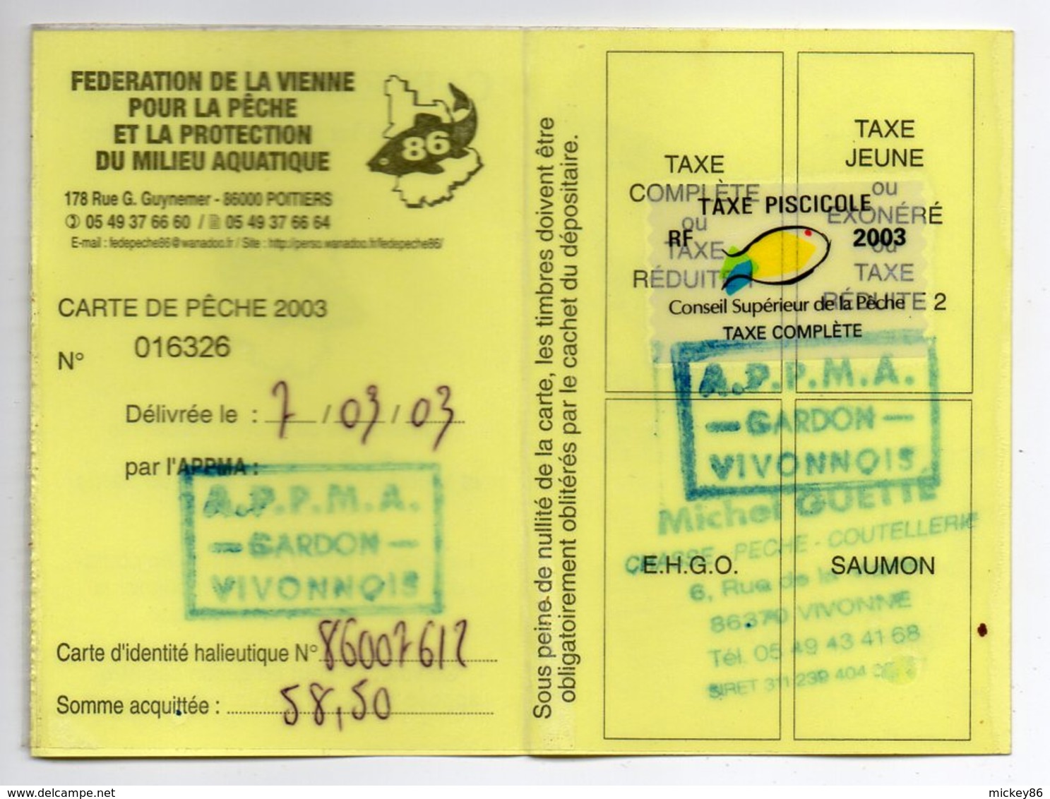 2003--Carte De Pêche Plastifiée Du Département 86 - Vignette Taxe Complète -cachet  VIVONNE-86 - Other & Unclassified