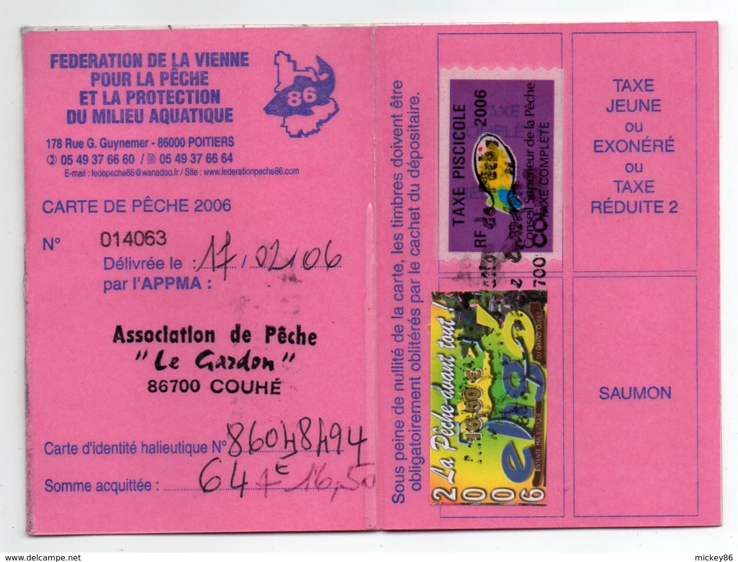 2006--Carte De Pêche Plastifiée Du Département 86 - Vignette Taxe Complète + EHGO  -cachet  COUHE-86 - Other & Unclassified