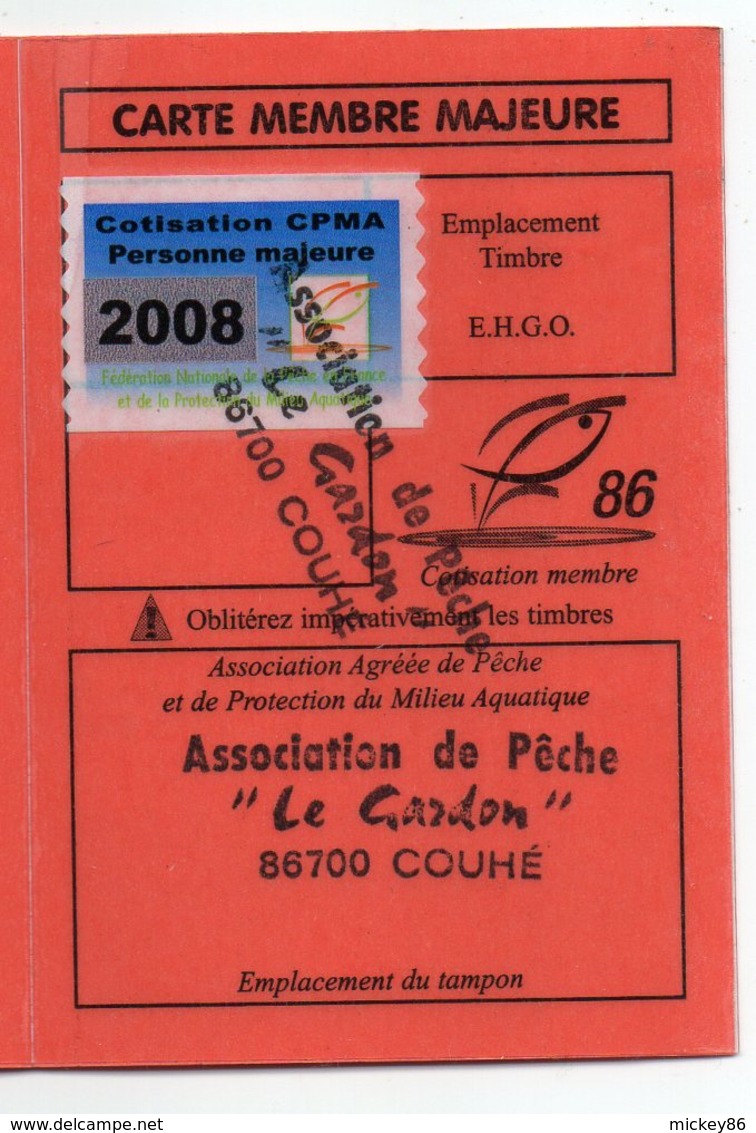 2008--Carte De Pêche Plastifiée Du Département 86 Vignette Taxe Complète -cachet  COUHE-86 - Autres & Non Classés