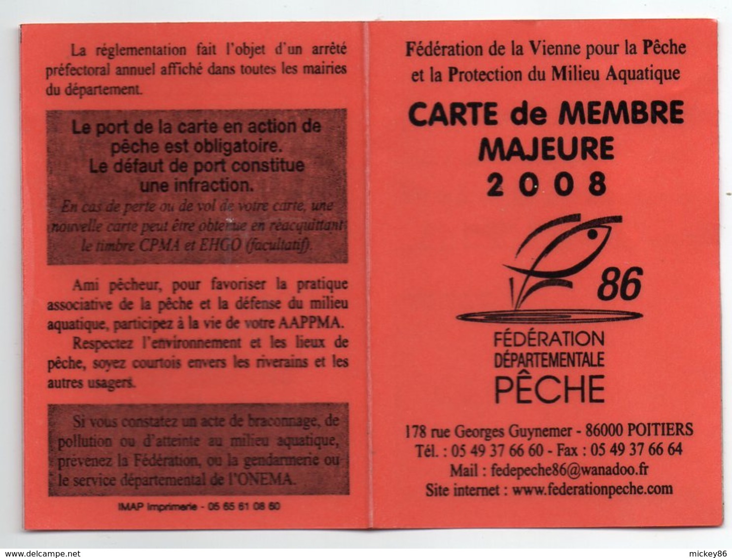 2008--Carte De Pêche Plastifiée Du Département 86 Vignette Taxe Complète -cachet  COUHE-86 - Autres & Non Classés