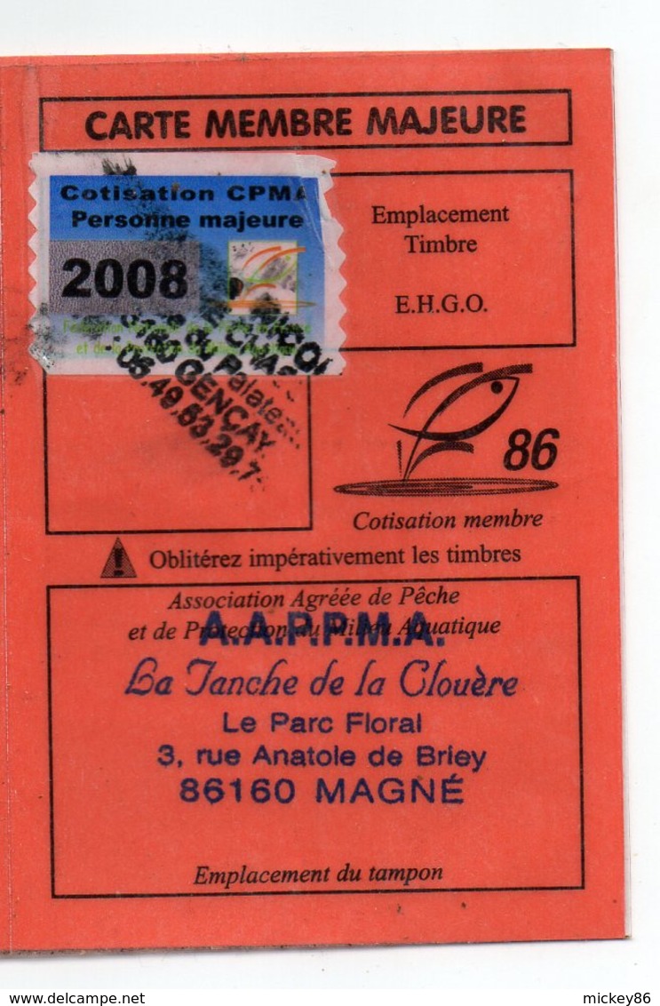 2008--Carte De Pêche Plastifiée Du Département 86 Vignette Taxe Complète -cachet  GENCAY --MAGNE--86 - Other & Unclassified