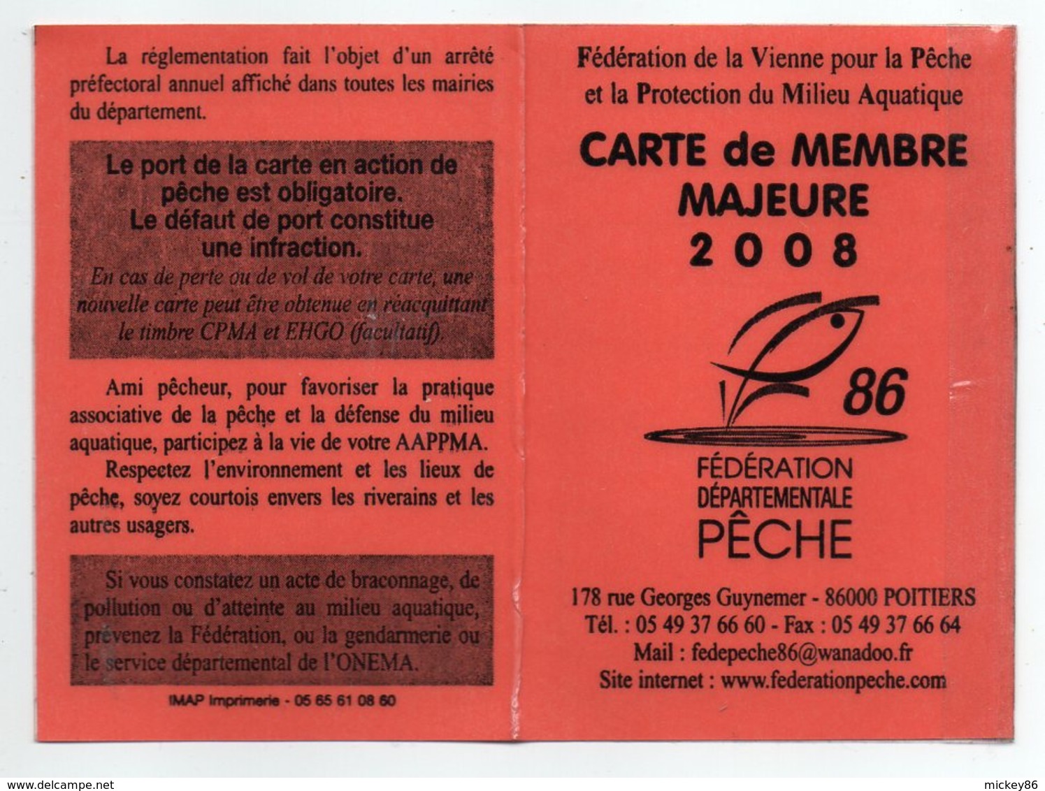 2008--Carte De Pêche Plastifiée Du Département 86 Vignette Taxe Complète -cachet  GENCAY --MAGNE--86 - Other & Unclassified