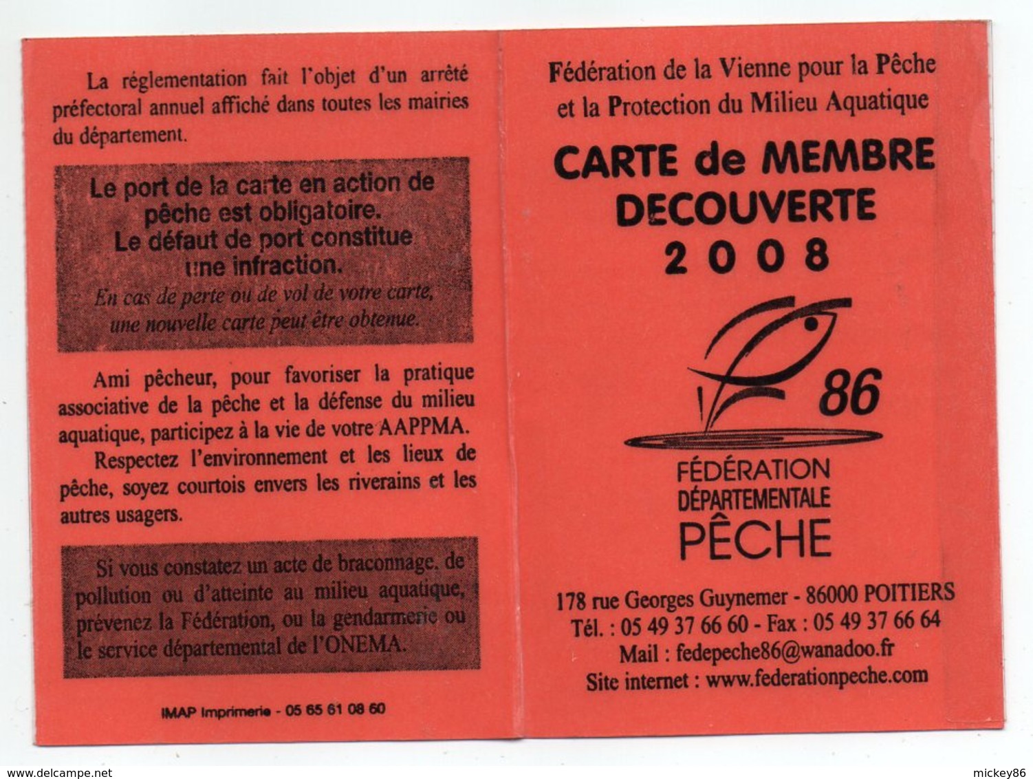 2008--Carte De Pêche Plastifiée Du Département 86 - Carte Découverte -cachet  COUHE--86 - Other & Unclassified