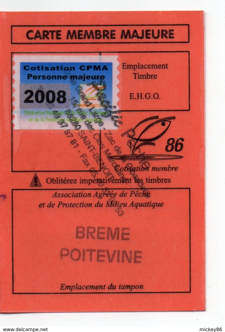 2008--Carte De Pêche Plastifiée Du Département 86 -Vignette Personne Majeur -cachet  St Benoit "Brême Poitevine"--86 - Other & Unclassified