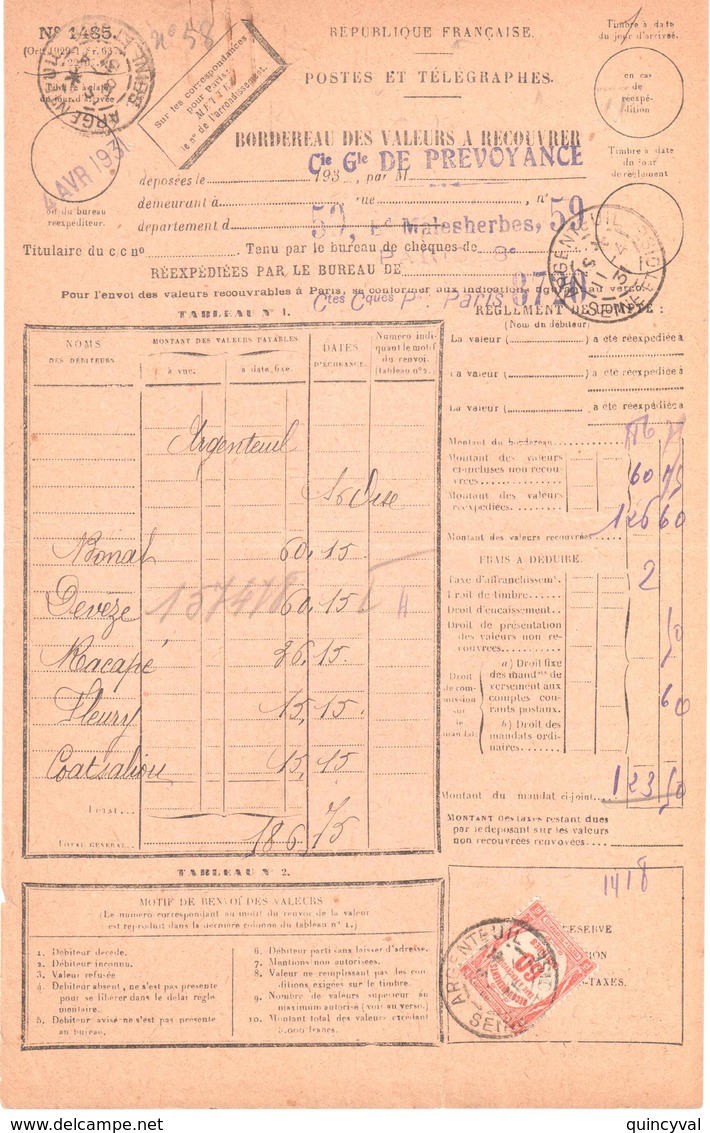 ARGENTEUIL Seine Bordereau Valeur Recouvrée 1485 60c Rouge Taxe à Percevoir Yv Taxe 58 Ob 1930 Type 04 - 1859-1959 Briefe & Dokumente