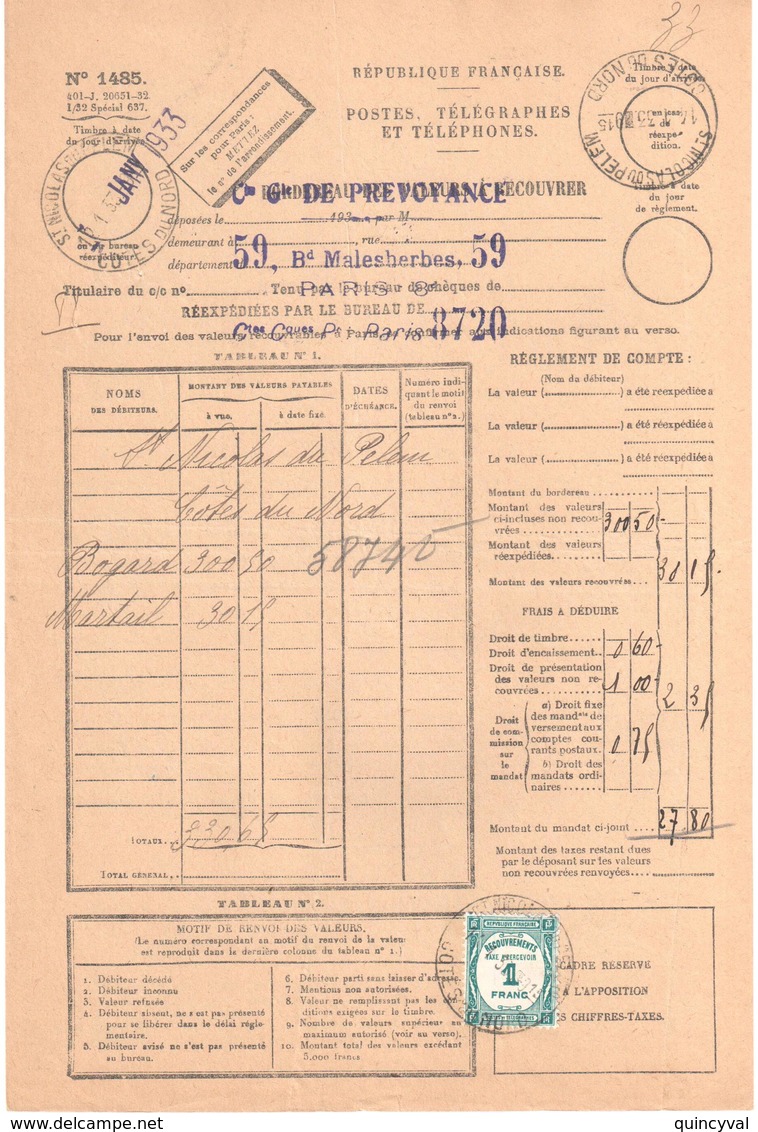 St NICOLAS Du PELEM Côtes Du Nord Bordereau Valeur Recouvrée 1485 1F Vert Taxe à Percevoir Yv Taxe 60 Ob 1933 Horoplan - Cartas & Documentos