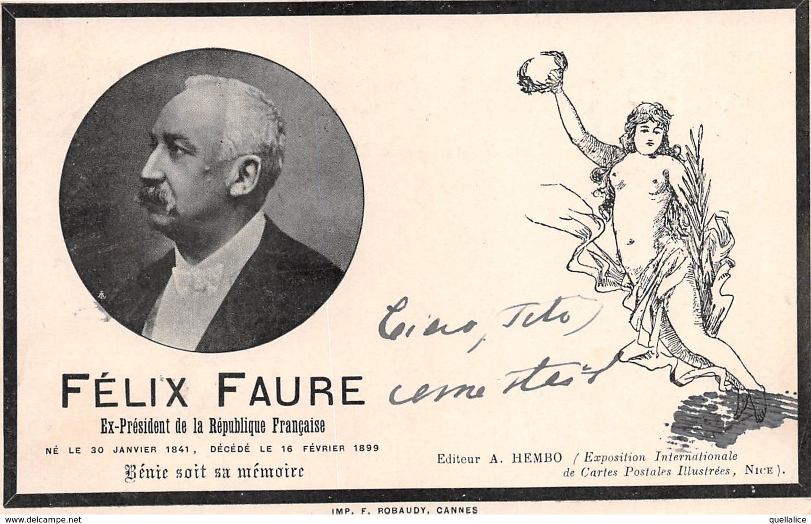 0438 "FELIX FAURE - PARIGI 1841/1899 - EX PRESIDENT DE LA REPUBLIQUE FRANCAISE" ESPOSIZIONE INT.LE NICE.  CART SPED 1900 - Uomini Politici E Militari