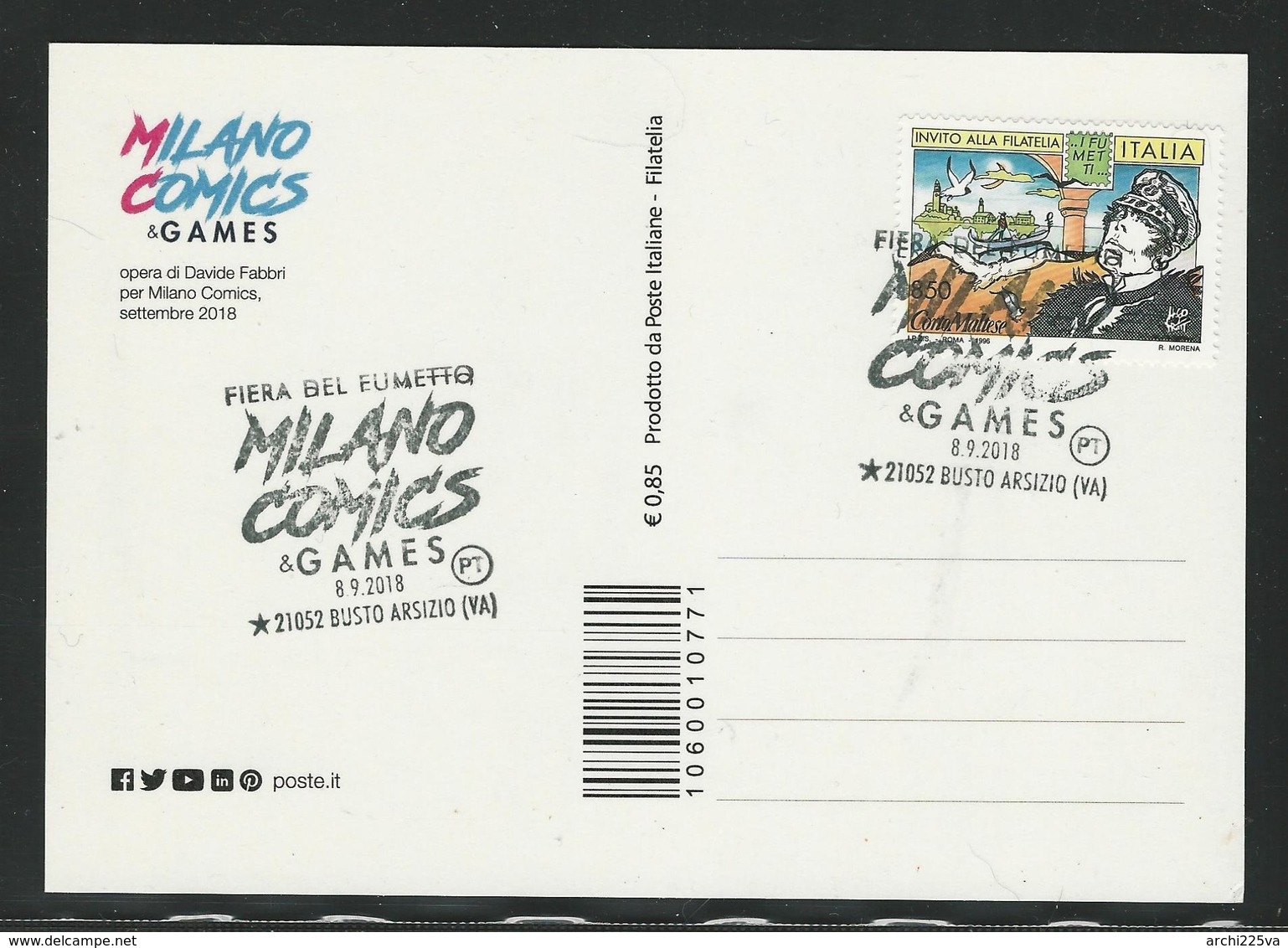 ITALIA 2018 - 2 Cartoline Filateliche : MILANO COMICS GAMES - Corto Maltese Fumetto - Fumetti