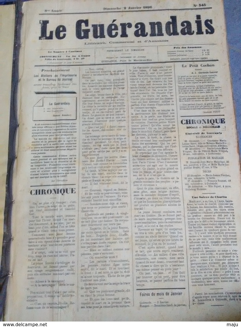 JOURNAL LE GUERANDAIS N°291 A 394 RELIE ANNEE 1897 A 1898  GUERANDE ET SA PRESQU ILE - 1850 - 1899