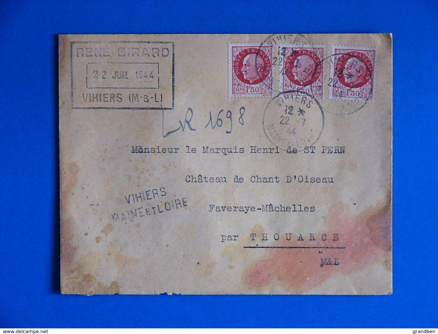 RECOMMANDE PROVISOIRE 1944 VIHIERS MAINE ET LOIRE 49 PETAIN 517 X3 - WW II