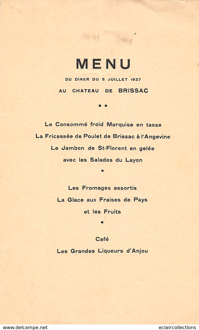 Menus:   Menu   Brissac  49   Fête Des Vins De France  1937  25x16 Cm (voir Scan) - Menus