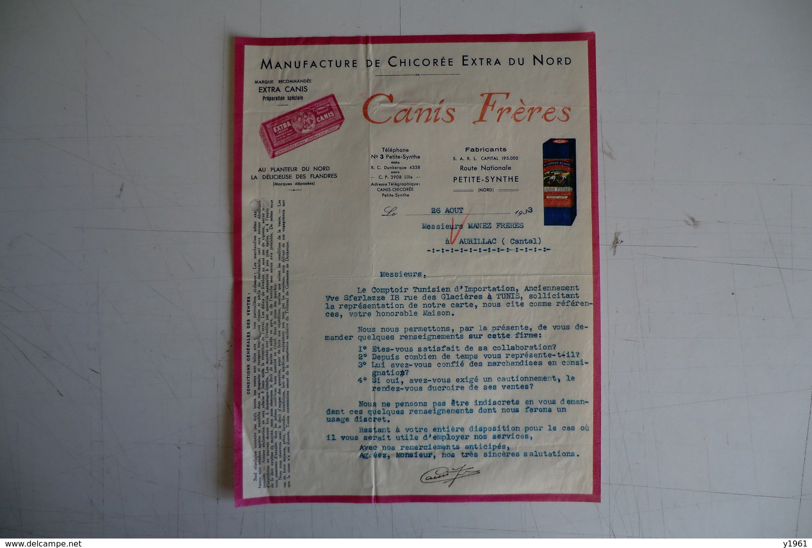 (006) FACTURES DOCUMENTS COMMERCIAUX. 59 NORD PETITE SYNTHE. CANIS FRERES, MANUFACTURE Chicorée Extra Du Nord. 1933. - Alimentaire