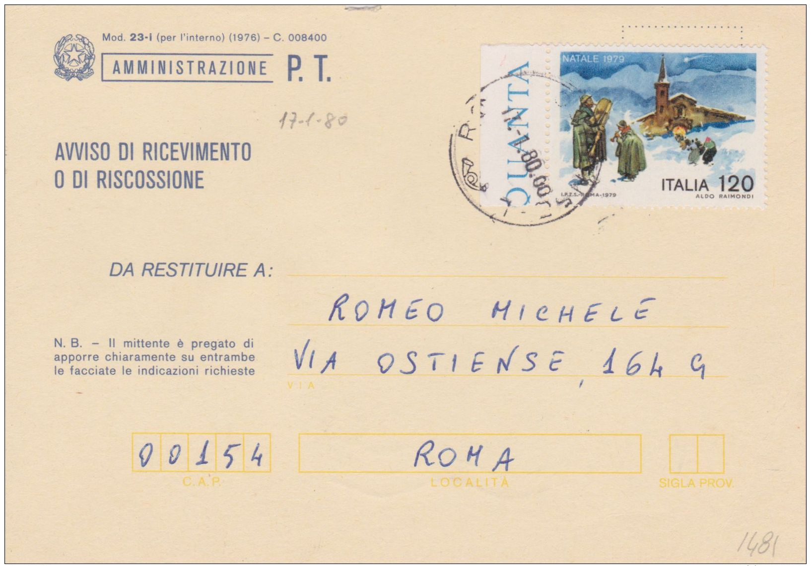 1979 NATALE '79 &pound;.120 Isol Su Avviso Ricevimento - 1981-90: Storia Postale