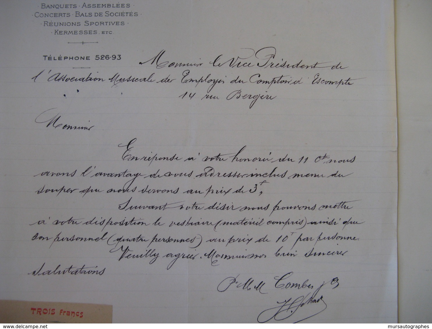 LOT 4 LAS AU PRESIDENT DU COMPTOIR NATIONAL D'ESCOMPTE DE PARIS 1891-1921 EMPLOYES FELIX POTIN MUSIQUE LOUIS GANNE - Bank & Insurance