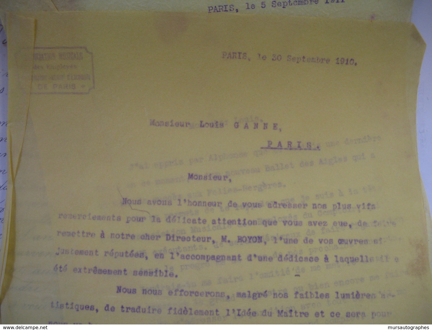 LOT 4 LAS AU PRESIDENT DU COMPTOIR NATIONAL D'ESCOMPTE DE PARIS 1891-1921 EMPLOYES FELIX POTIN MUSIQUE LOUIS GANNE - Banque & Assurance