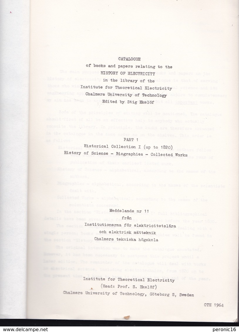 Catalogue Of Books And Papers Relating To The History Of Electricity 1, Stig Ekelof/Chalmers University/Göteborg (Suède) - Fysica