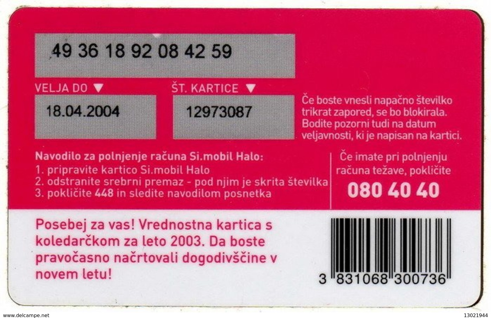 SLOVENIA SCHEDA TELEFONICA Calendar 2003 - Sin Clasificación