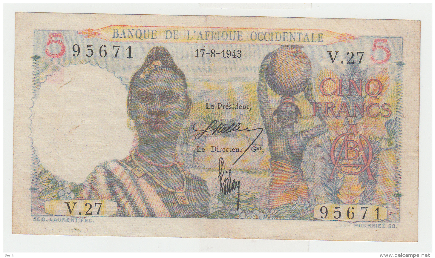 FRENCH WEST AFRICA 5 FRANCS 1943 VF Pick 36 - Otros – Africa