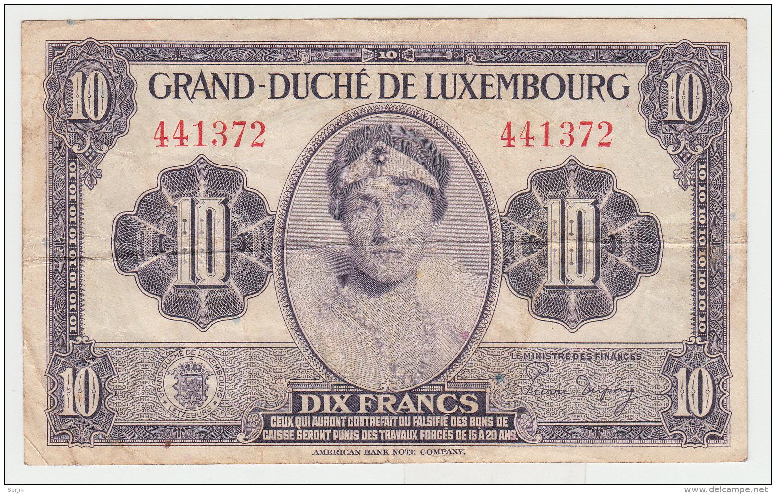 Luxembourg 10 Francs 1944 VF+ CRISP Banknote WWII Pick 44 - Lussemburgo