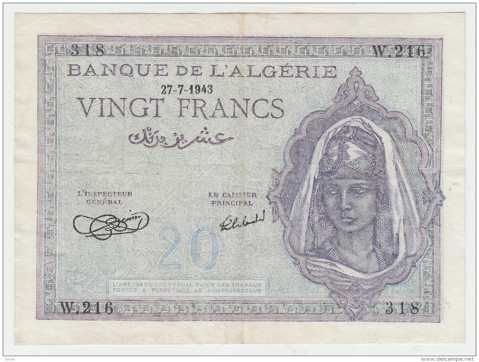 Algeria 20 Francs 1943 VF++ CRISP Banknote Pick 92a 92 A - Algerien