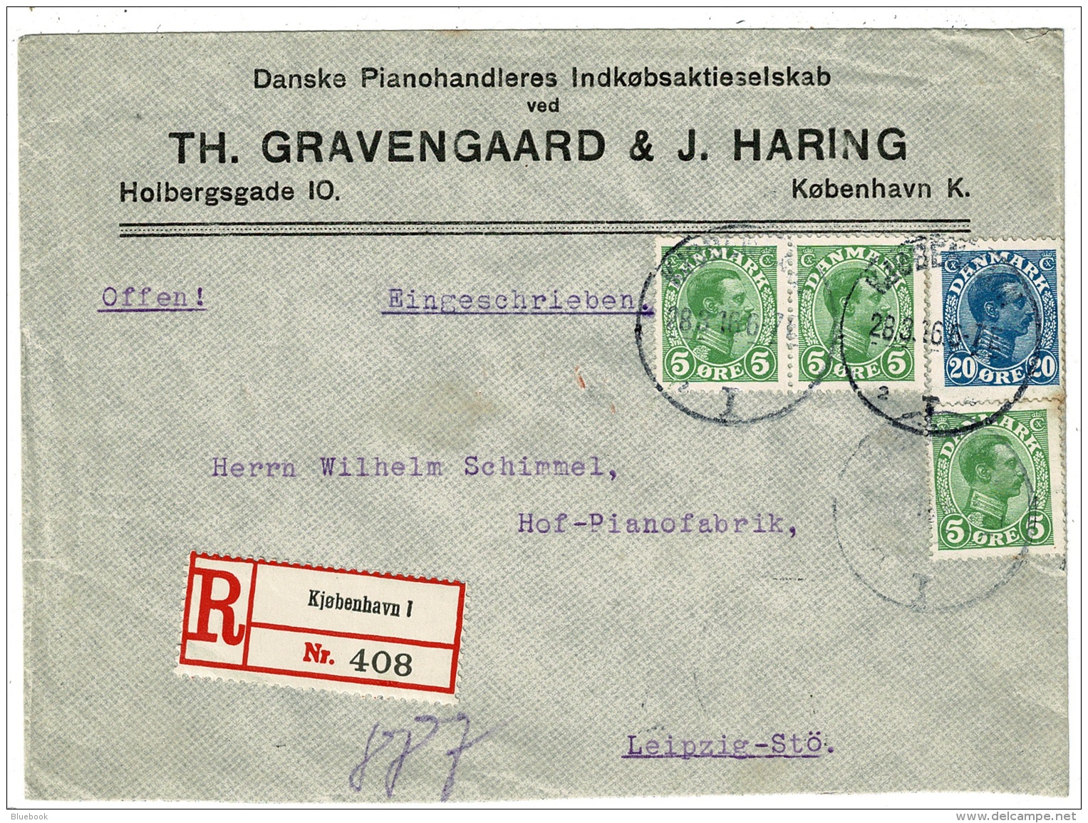 RB 1225 - 1916 Denmark Registered Cover - 35 Ore Rate To Leipzig Germany - Covers & Documents