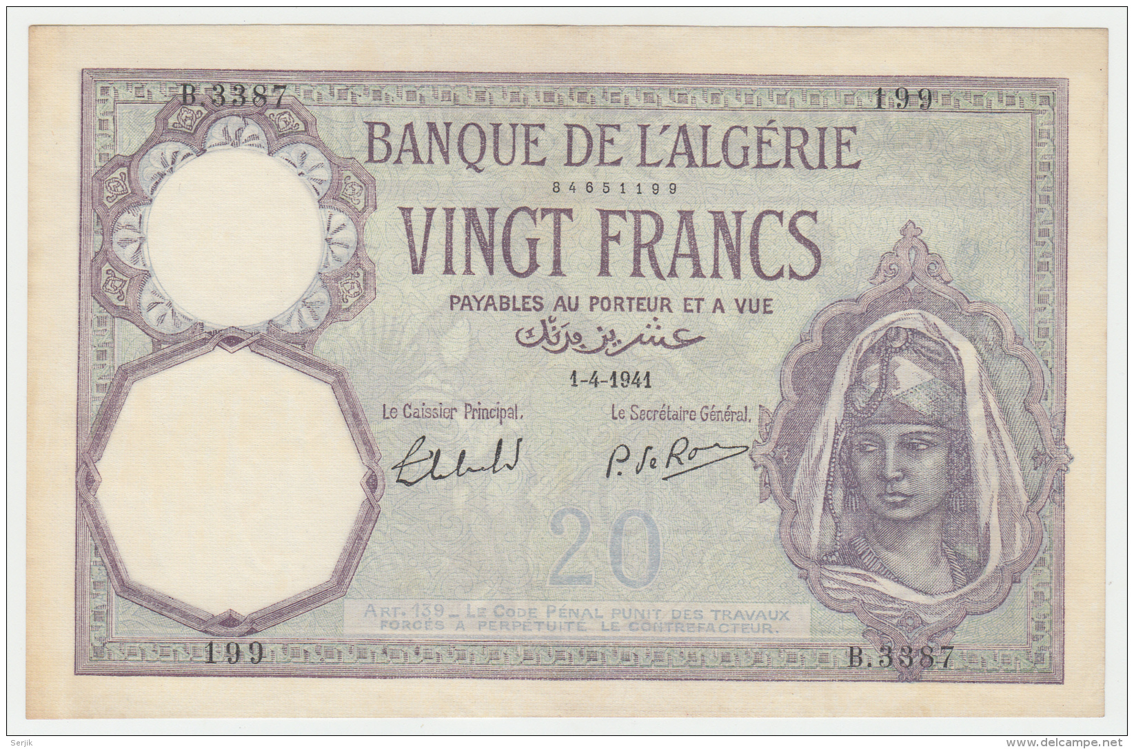 Algeria 20 Francs 1941 XF+ Banknote Pick 78c 78 C - Algerien