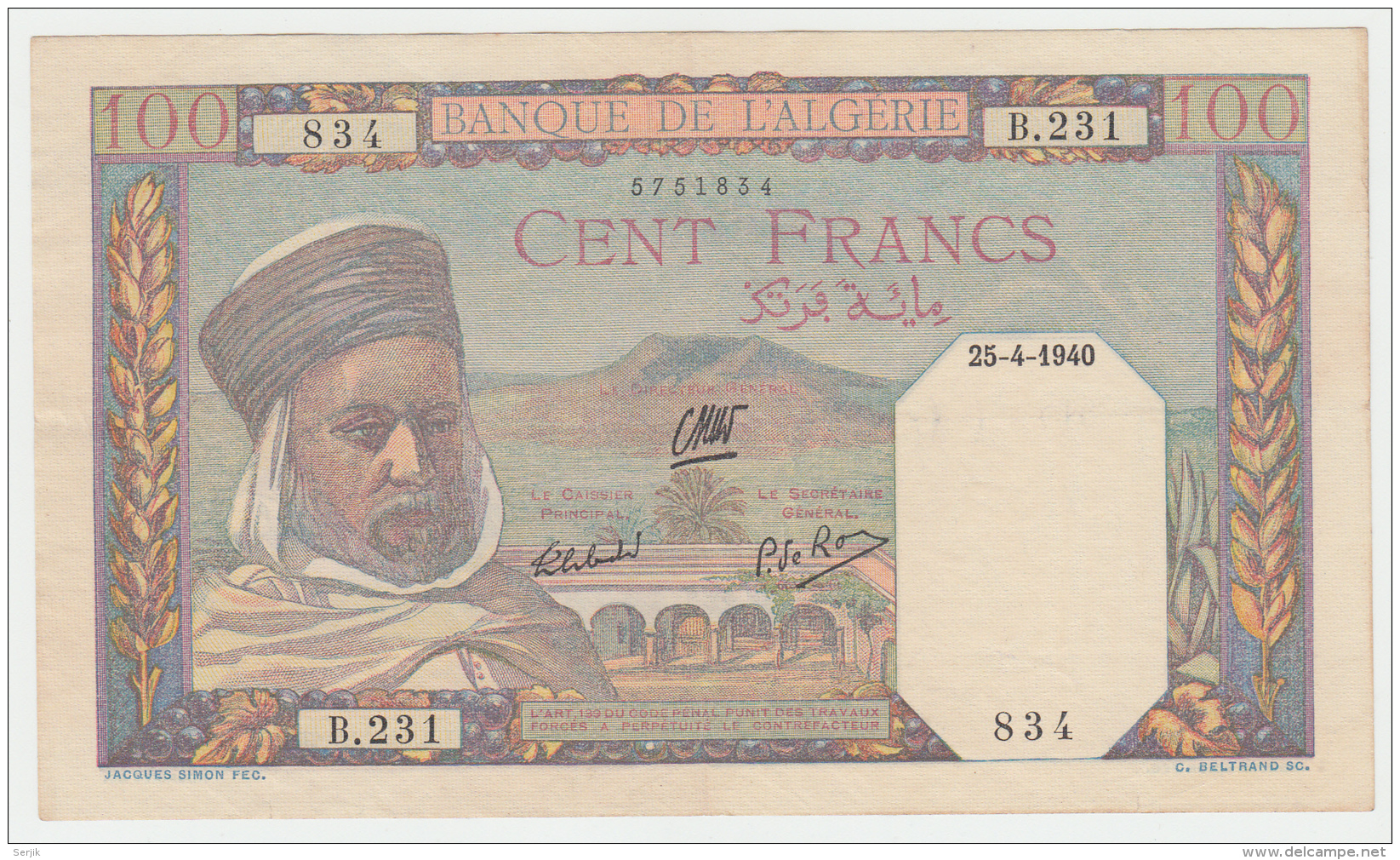 Algeria 100 Francs 1940 VF++ Banknote Pick 85 - Algeria