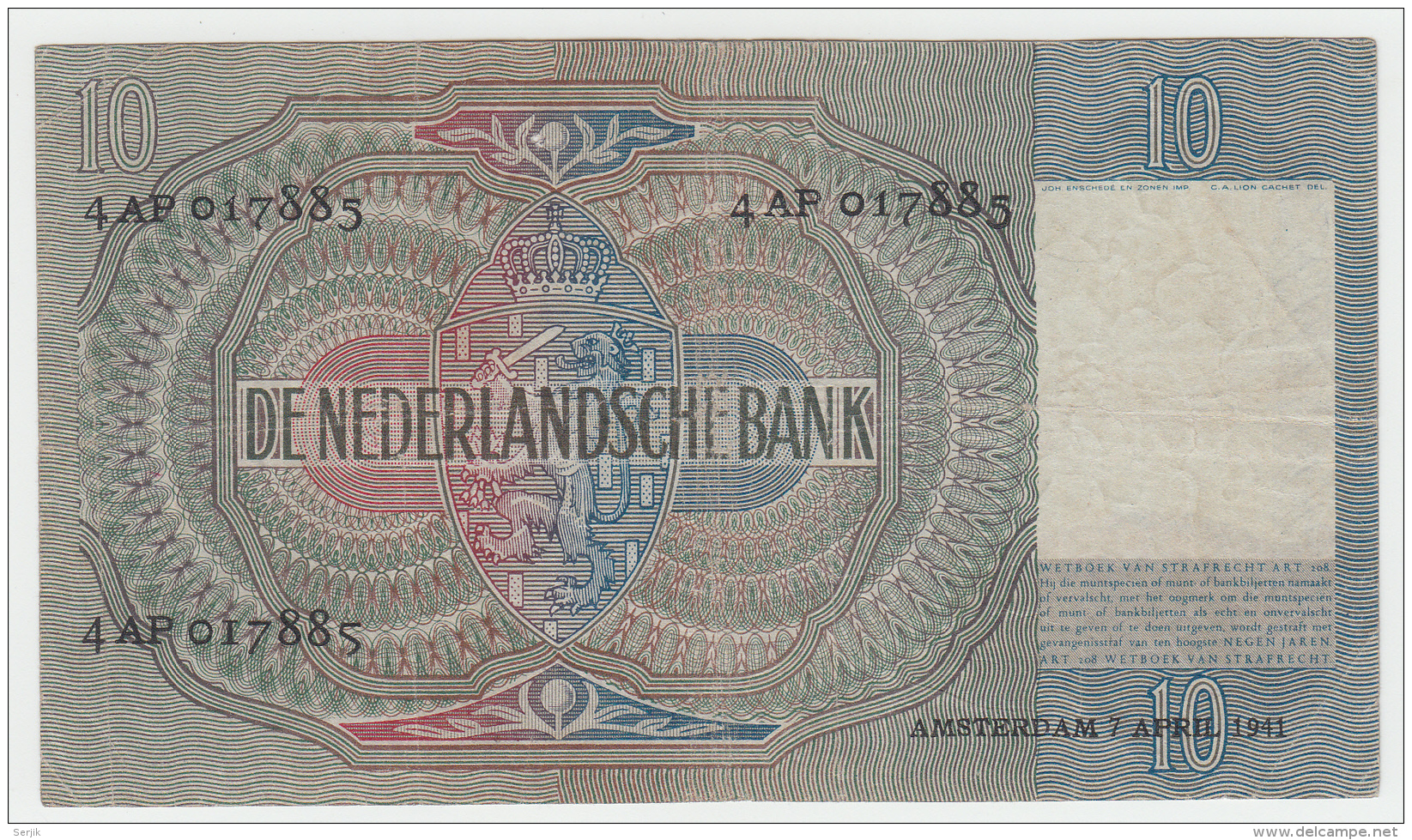 Netherlands 10 Gulden 1941 VF CRISP Pick 56b 56 B - 10 Florín Holandés (gulden)