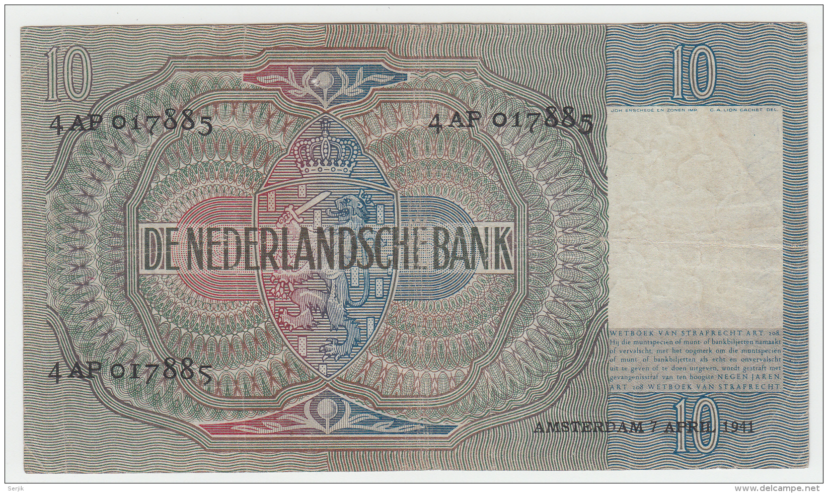 Netherlands 10 Gulden 1941 VF CRISP Pick 56b 56 B - 10 Gulden