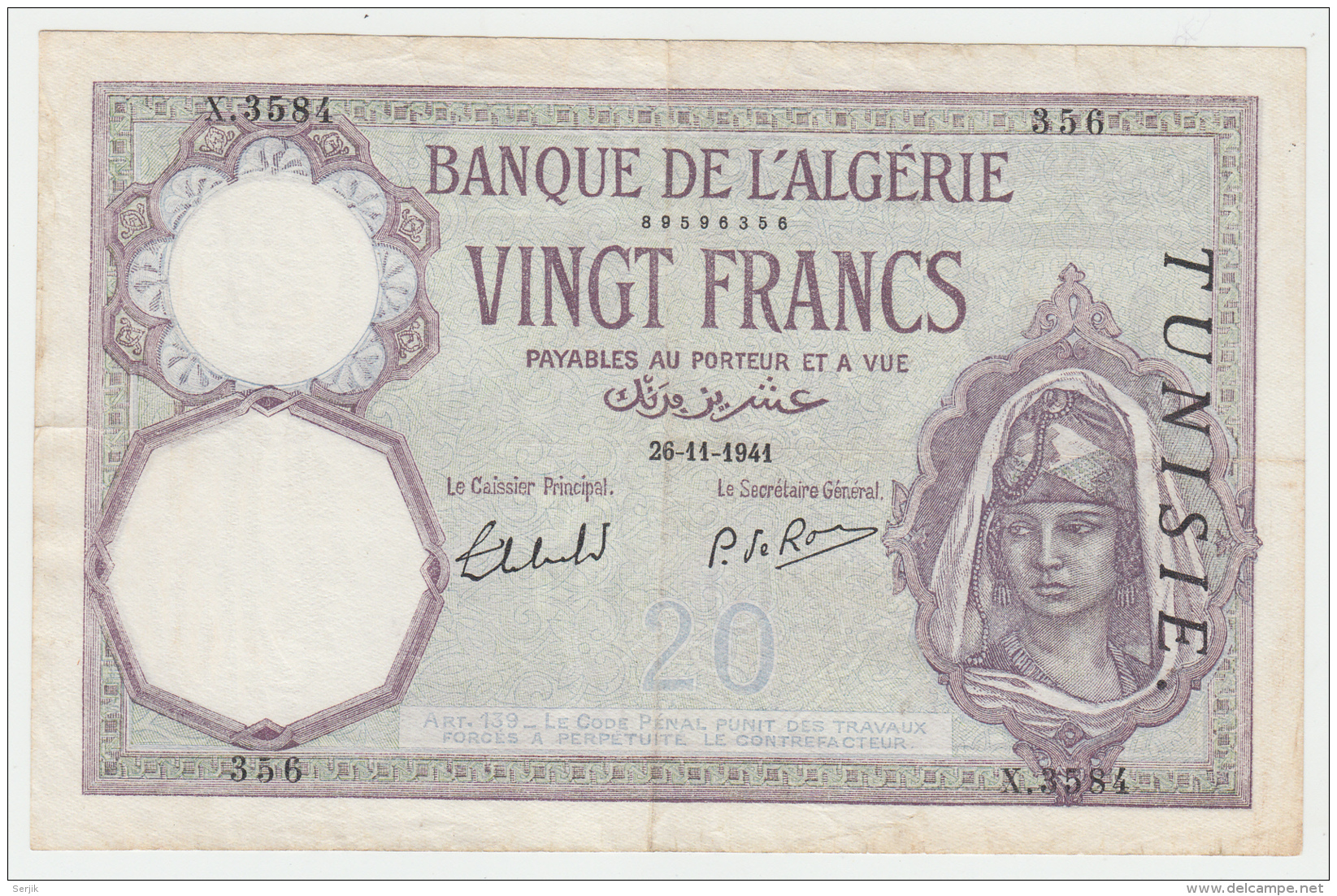 TUNISIA 20 FRANCS 1941 F+ PICK 6b - Tunesien