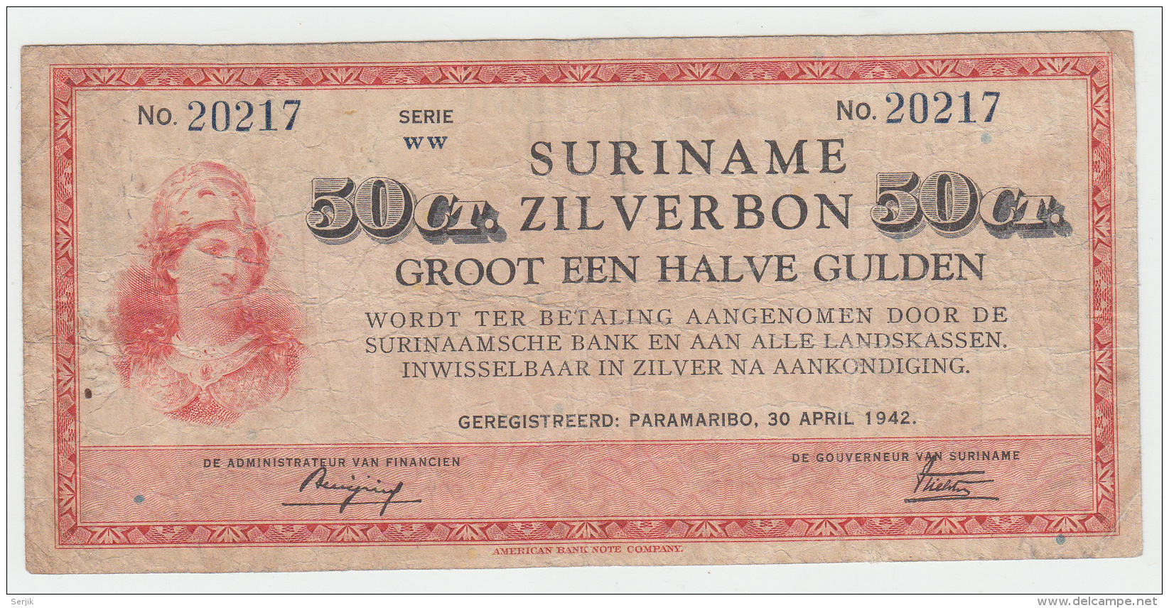 Suriname 50 Cents 1940 AVF Pick 104c  104 C - Surinam