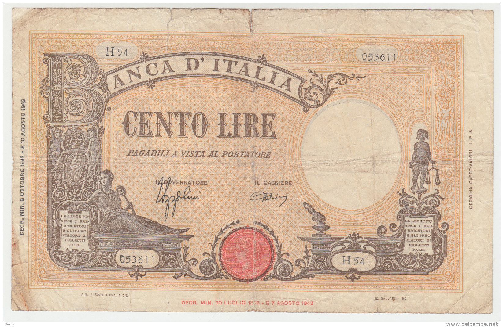 Italy 100 Lire 1943 G-VG Pick 67a  67 A - 100 Lire