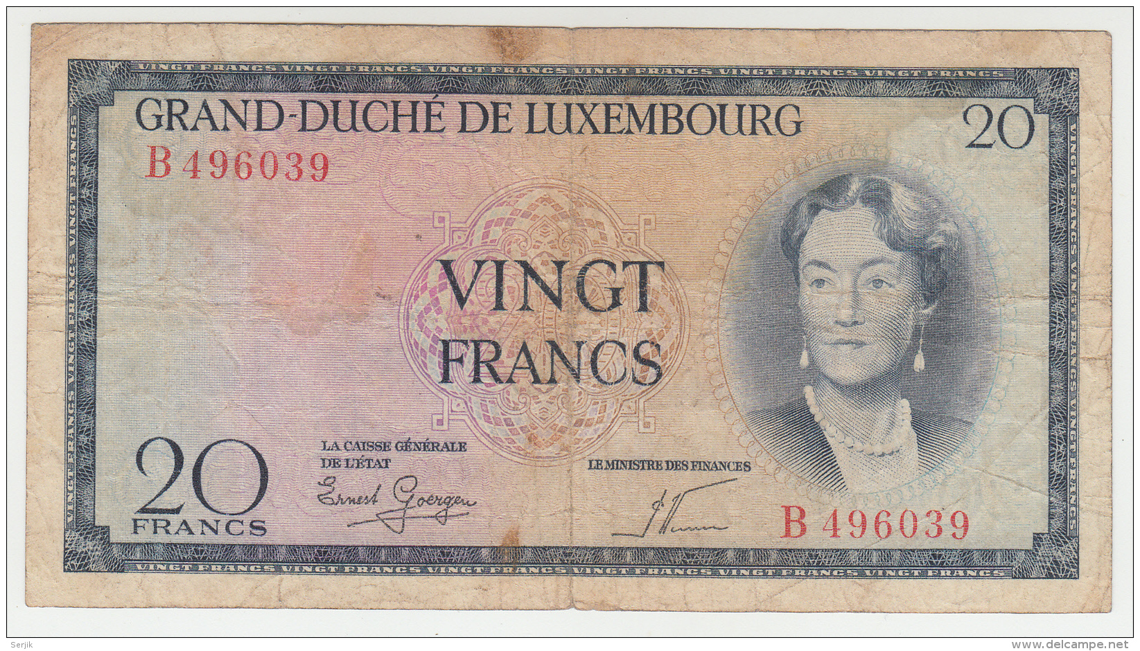 LUXEMBOURG 20 FRANCS 1955 VF Pick 49 - Lussemburgo