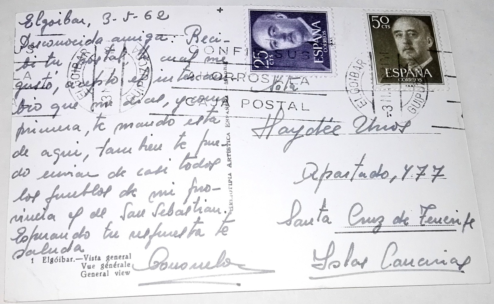 Antigua Postal - España - Elgóibar, Vista General / Heliotipia Artística Española, Nº1 / Circulada 1962 - Guipúzcoa (San Sebastián)
