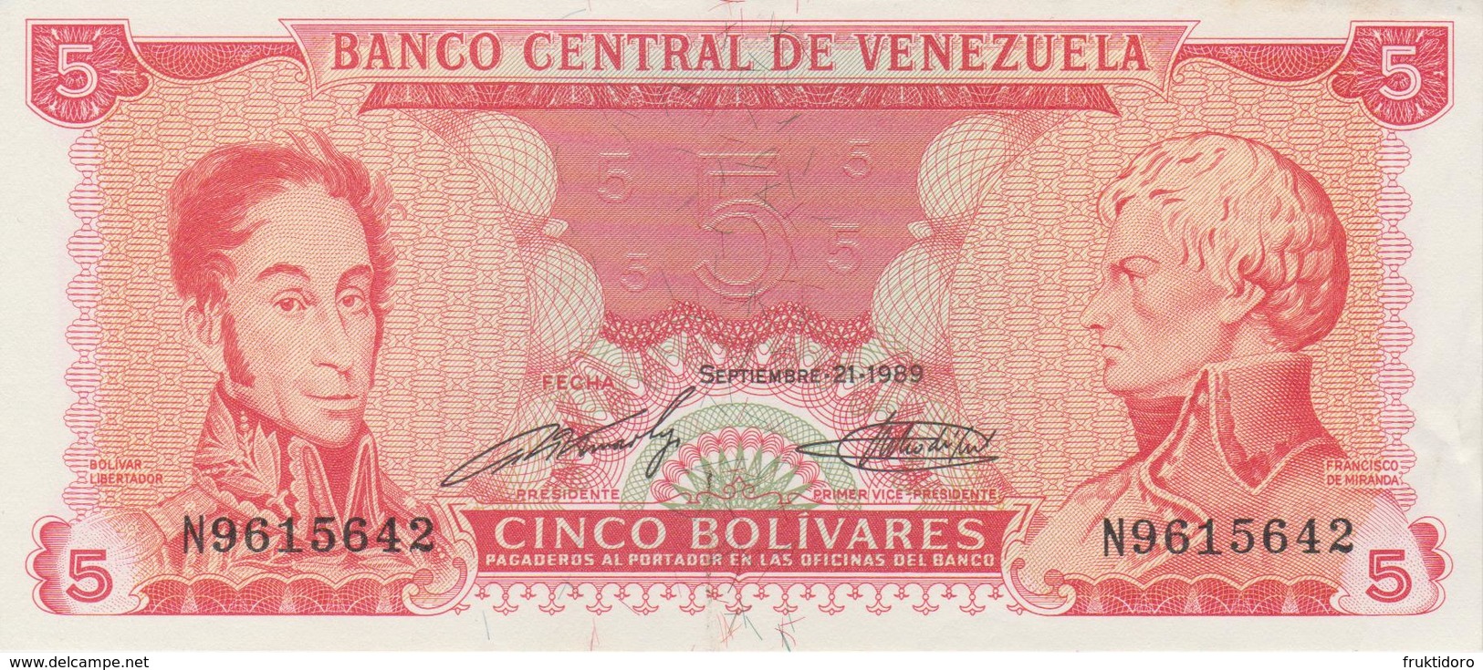 Banknote Venezuela 5 Bolívares - Simón Bolívar - Francisco De Miranda - Panteon Nacional - 1989 - Venezuela