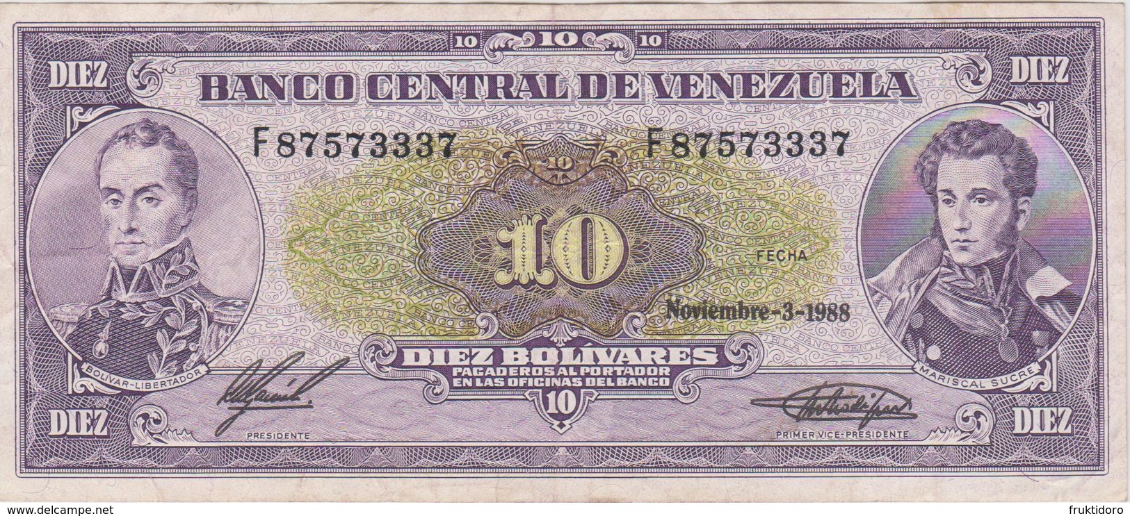 Banknote Venezuela 10 Bolívares - Simón Bolívar - Mariscal Sucre - Altar De La Patria - Carabobo - Coat Of Arms - 1988 - Venezuela