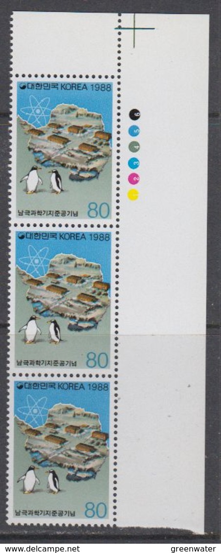 Korea (South) 1988 Antarctica / Penguins 1v Strip Of 3 (+margin) ** Mnh (40785A) - Andere & Zonder Classificatie