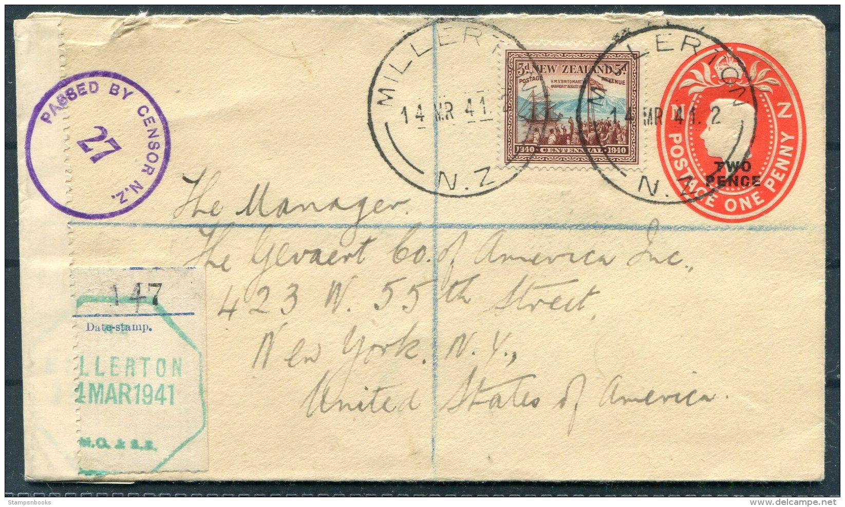 1941 New Zealand Uprated Stationery Cover Millerton School - New York, USA. Censor. Railway ? - Covers & Documents