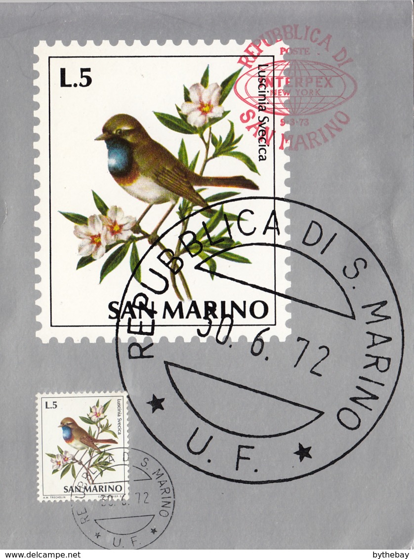 San Marino 1972 Maxicard Scott #781 5l White-spotted Bluethroat Birds INTERPEX New York - Lettres & Documents