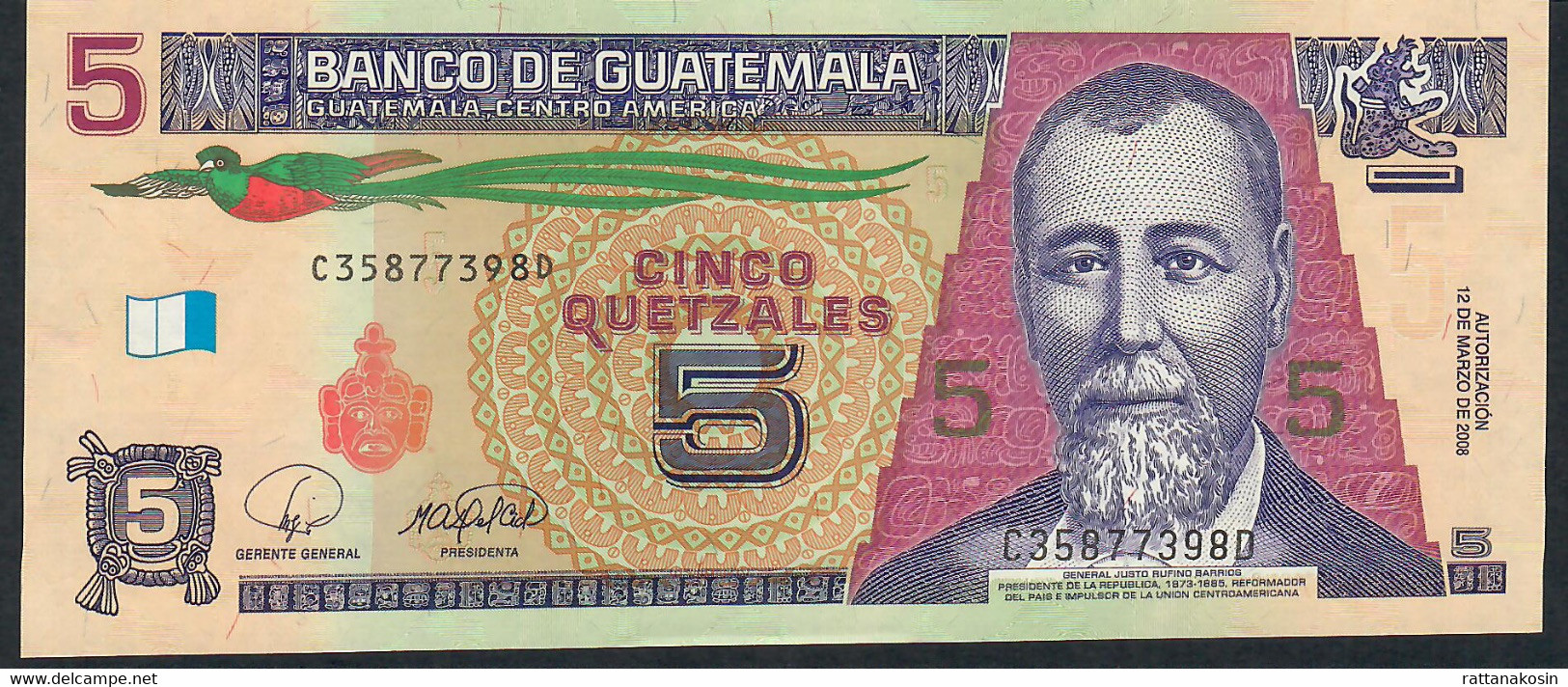 GUATEMALA P116 5  QUETZALES 12.3. 2008   UNC. - Guatemala