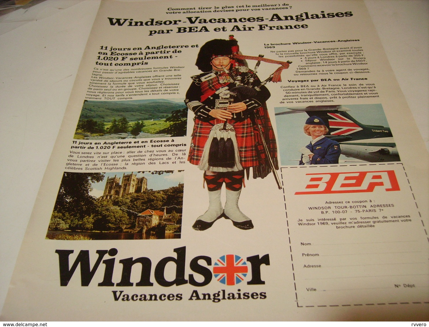 ANCIENNE PUBLICITE EN VACANCE WINDSOR AIR FRANCE BEA 1969 - Publicités