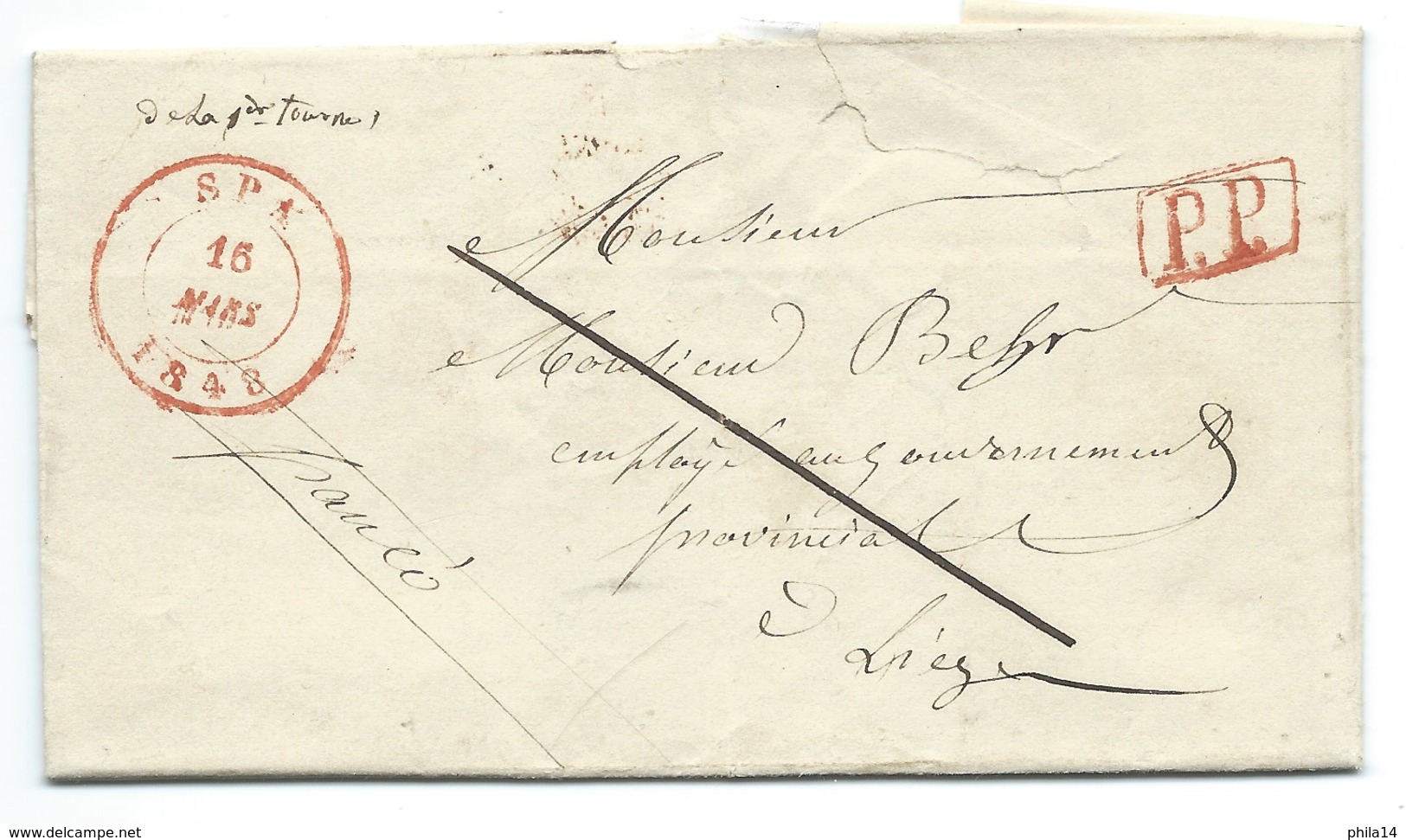 MARQUE POSTALE SPA 1848 POUR LIEGE - 1830-1849 (Belgique Indépendante)
