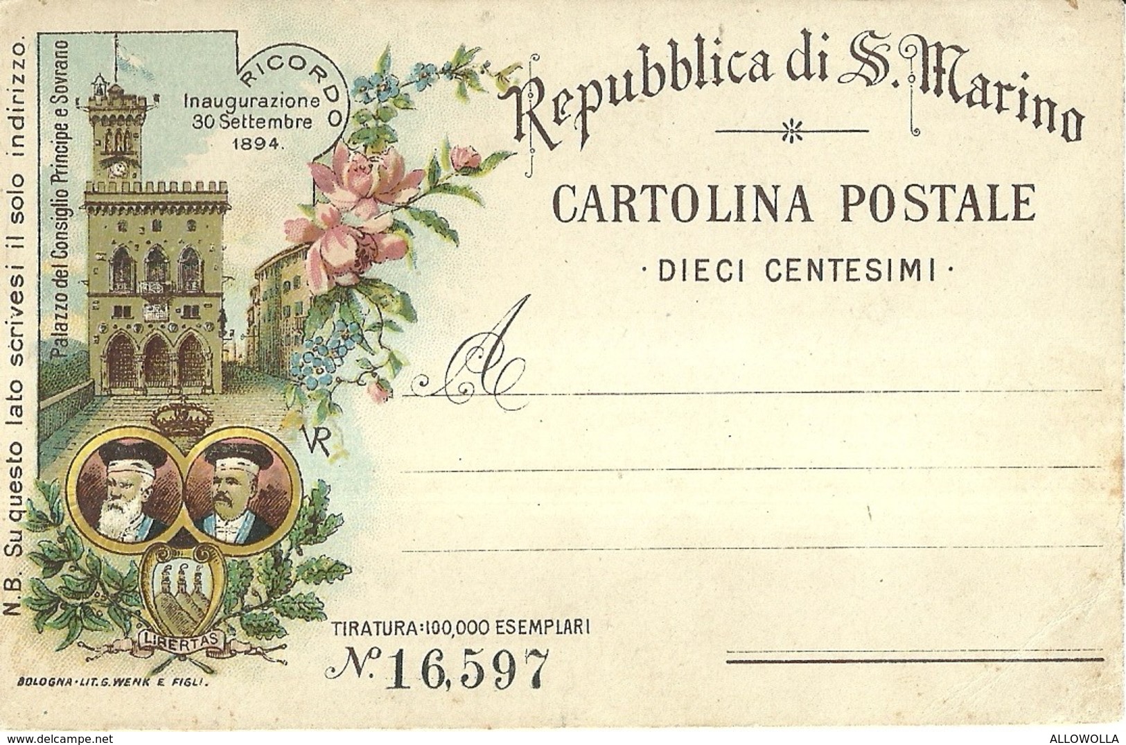 1273 "PALAZZO DEL CONSIGLIO-30/9/1894" CART. POST.  OR. NON SPED. - Postal Stationery