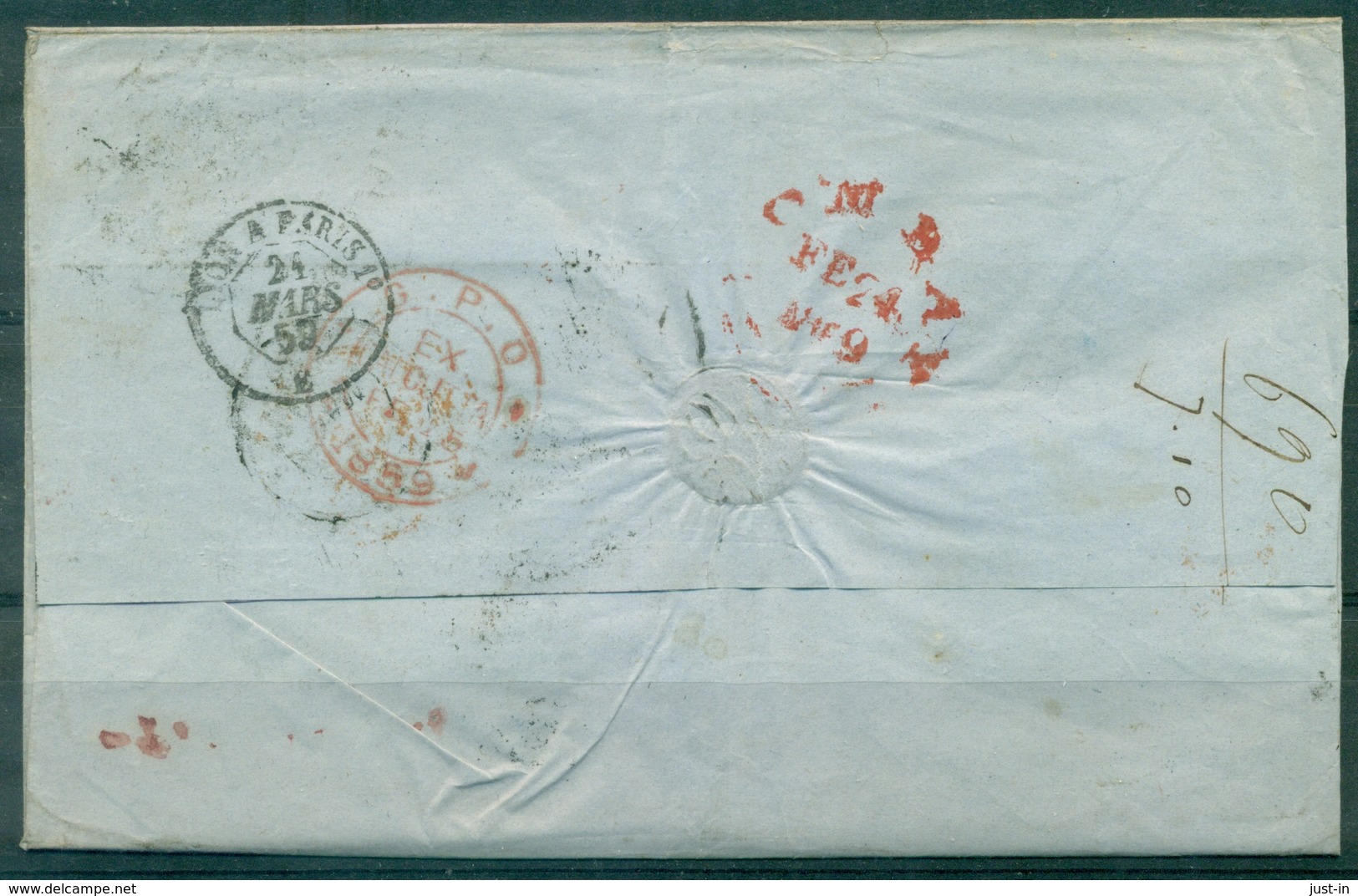 INDE  Lettre De CALCUTTA Pour PARIS Février 1859 Arr Mars 59. Via Bombay Ct Rouge Au Verso. - 1858-79 Compagnie Des Indes & Gouvernement De La Reine