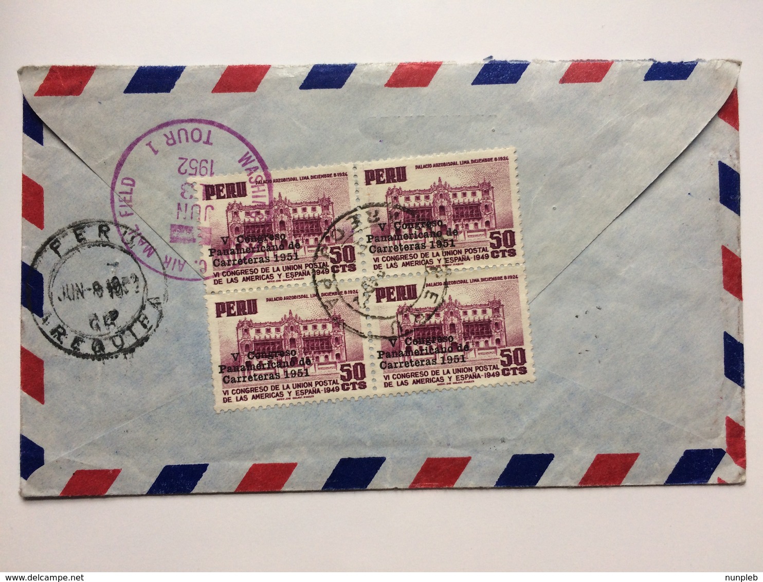 PERU - 1952 Air Mail Cover To England With Purple Washington Air Mail Field Transit Mark - Pérou