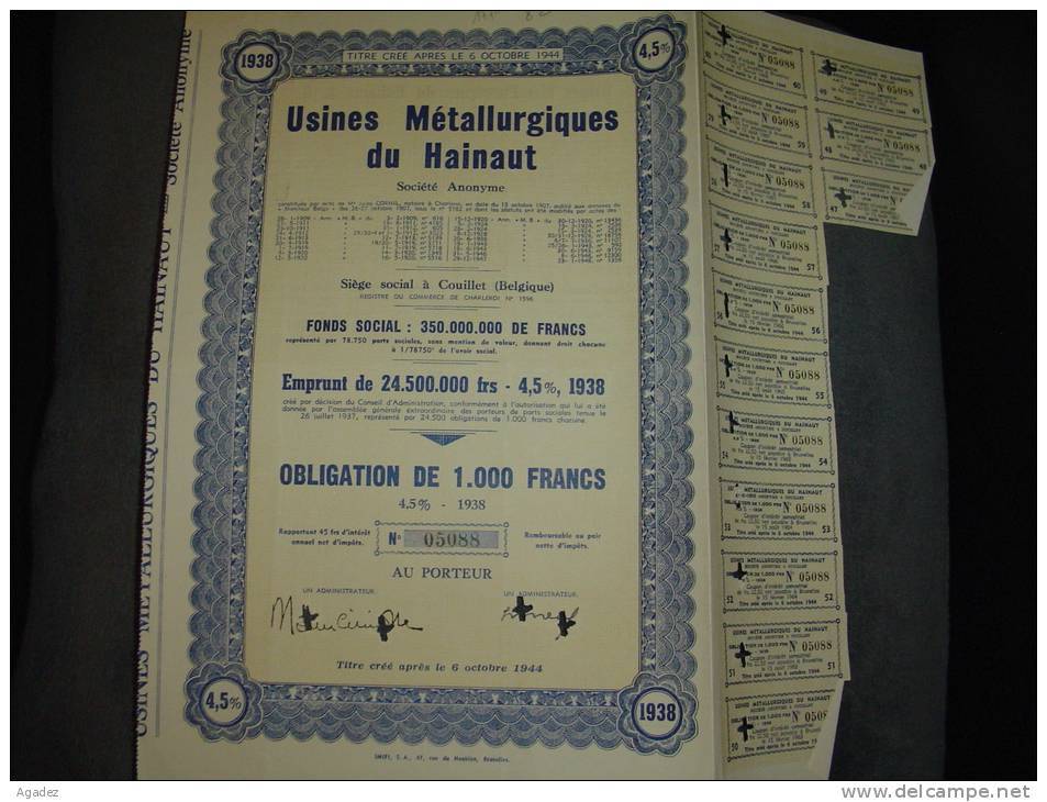 Obligation De 1000F " Usines Métallurgiques Du Hainaut " Couillet 1938 Très Bon état,annulée,reste Des Coupons - Industrie