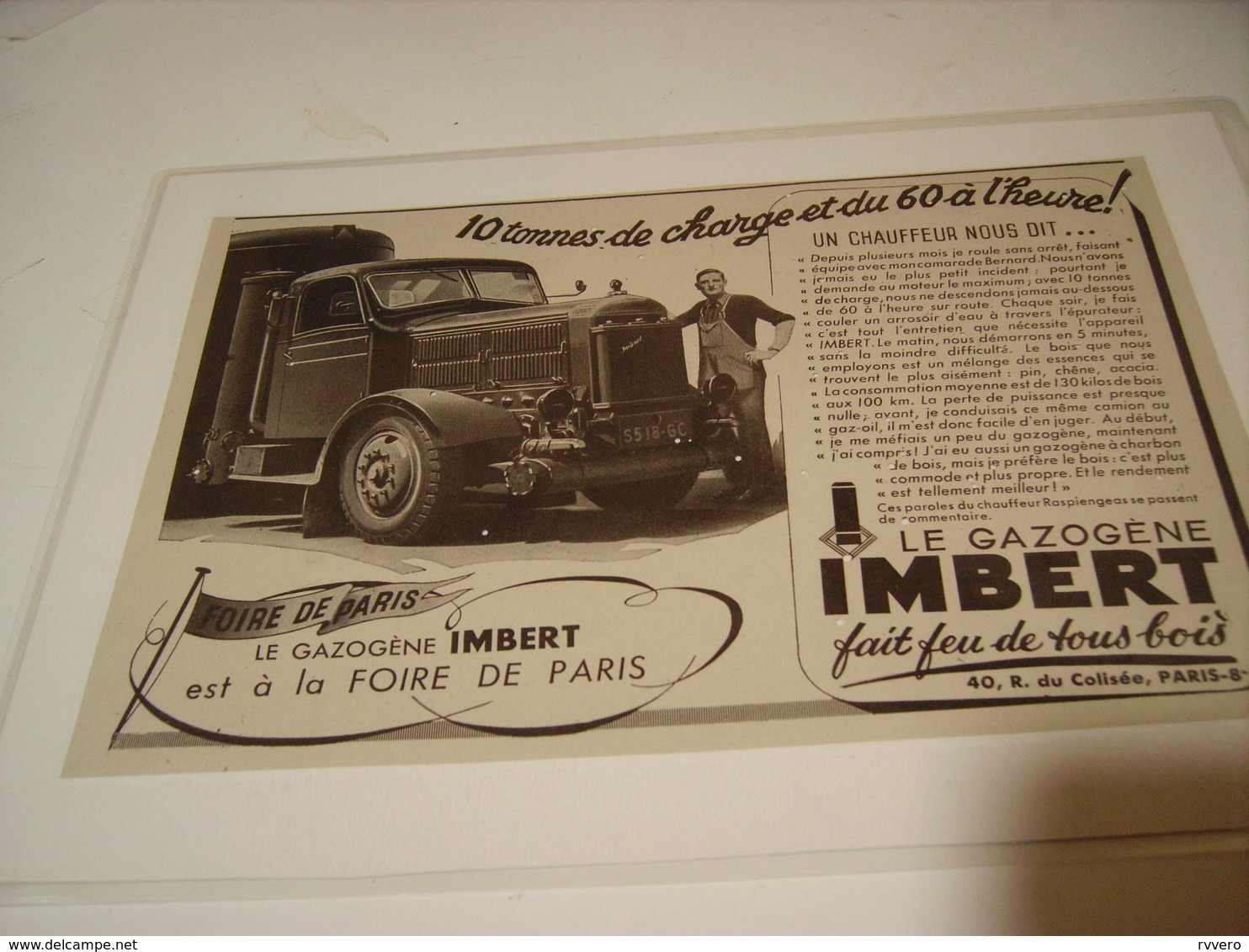 ANCIENNE  PUBLICITE LE GAZOGENE IMBERT 1941 - Camions