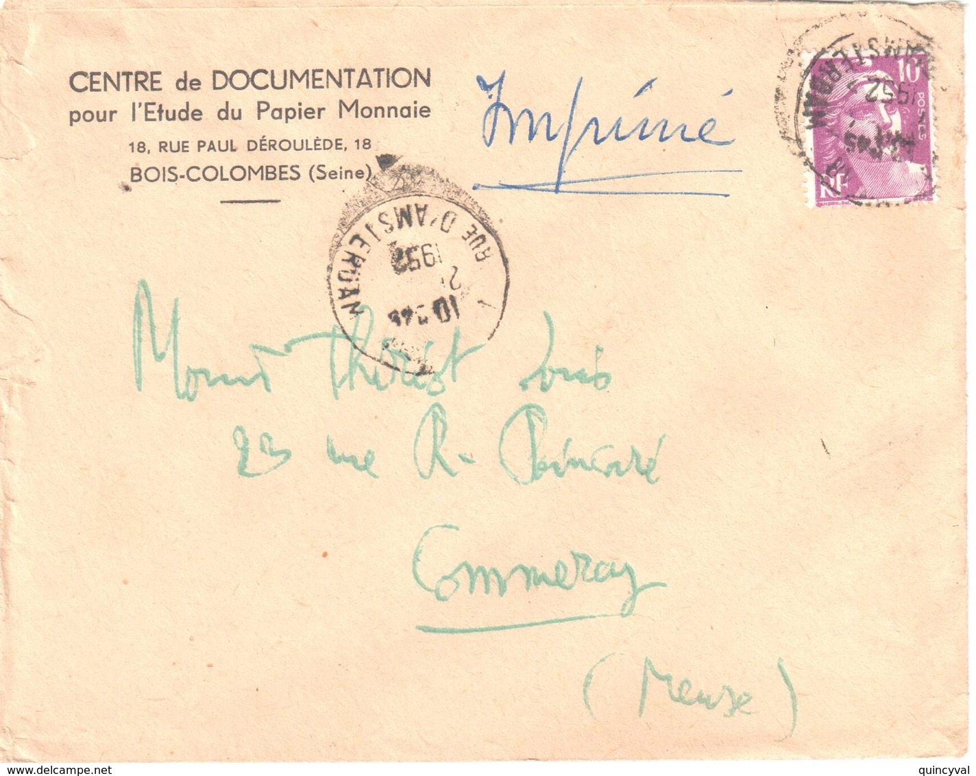 PARIS 118 Rue D'Amsterdam Imprimé 10 F Gandon Lilas Yv 811 Ob 1952 Tarif Imprimé 6 1 1949 2°Echelon - Storia Postale