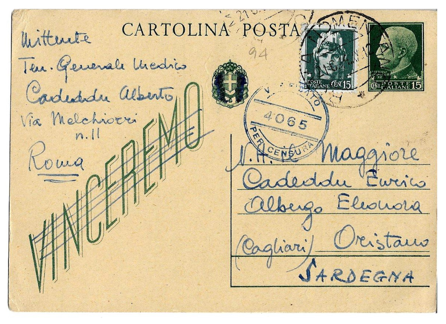 Cartolina Postale - Vinceremo (cent. 15 + C. 15) - Regno D'Italia - Intero Postale 94. 1944 - Interi Postali